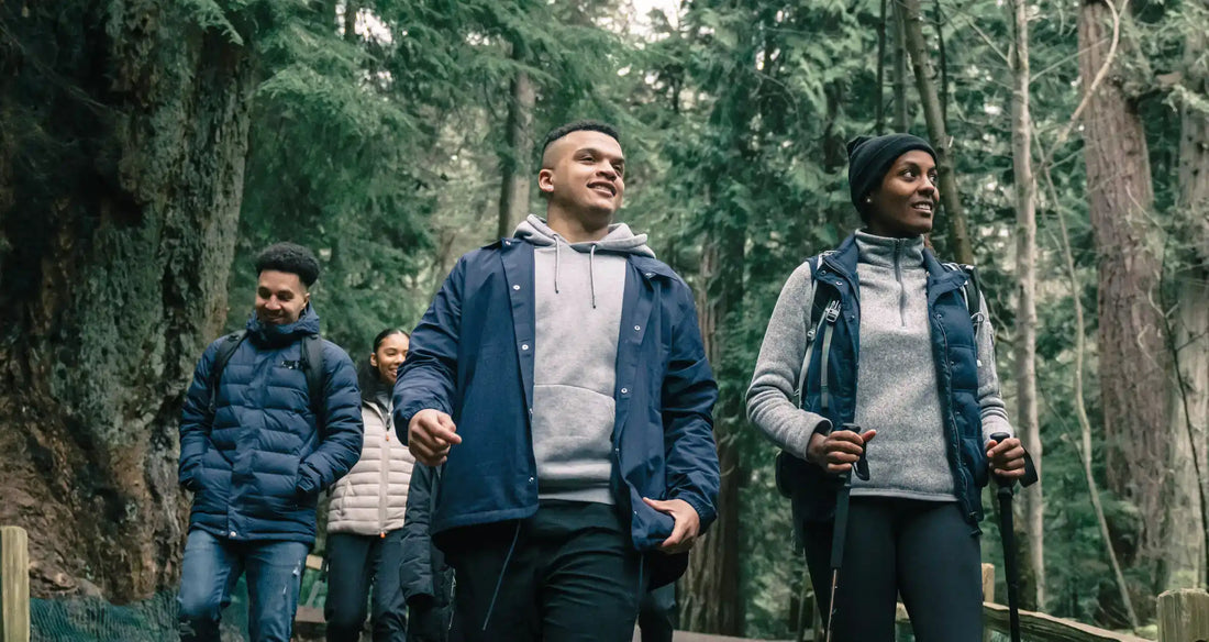 Friends walking in the woods