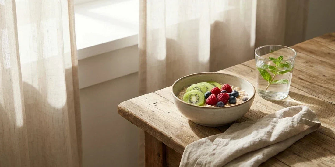 A bowl of oatmeal with fruit beside a glass of water