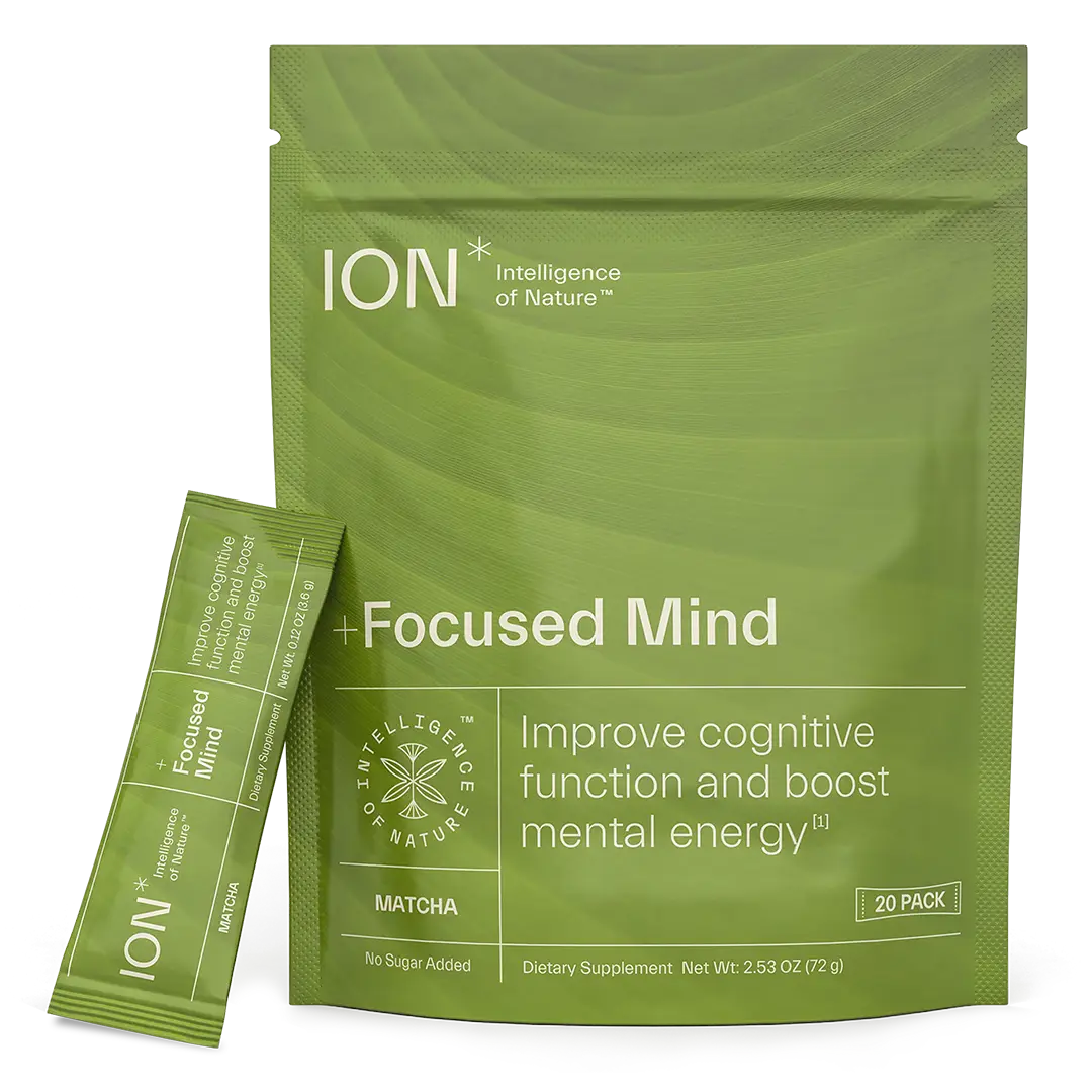 A green package of ION Focused Mind supplement with 20 individual travel-friendly packets. Matcha improves cognitive function and boost mental energy.