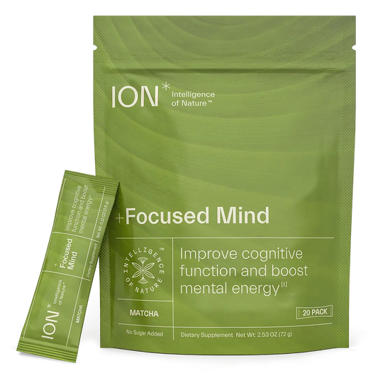 A green package of ION Focused Mind supplement with 20 individual travel-friendly packets. Matcha improves cognitive function and boost mental energy.