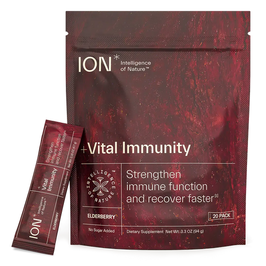 A package of ION Vital Immunity supplement with 20 individual packets inside, featuring elderberry as an ingredient for boosting immune system health.