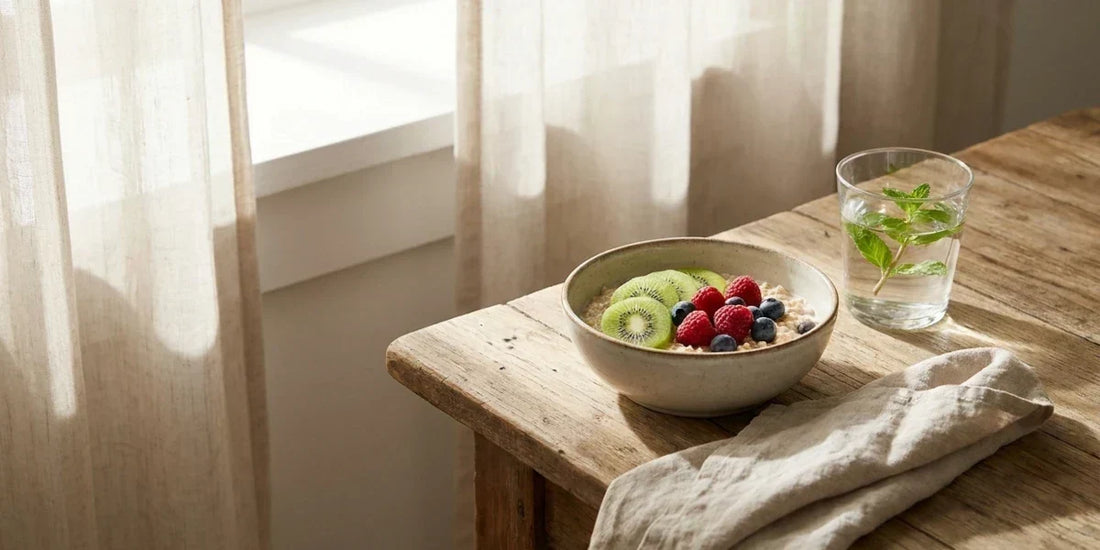 A bowl of oatmeal with fruit beside a glass of water