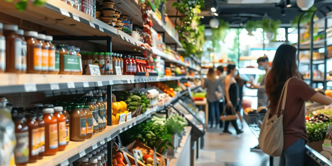 Shoppers in a grocery store aisle