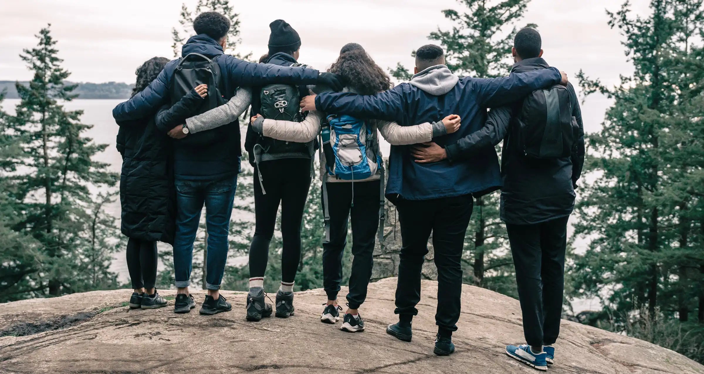 Friends walking in the woods