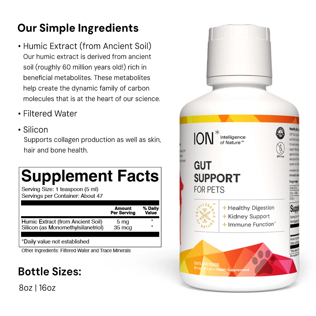 ION Gut Support For Pets with ingredients and facts listed