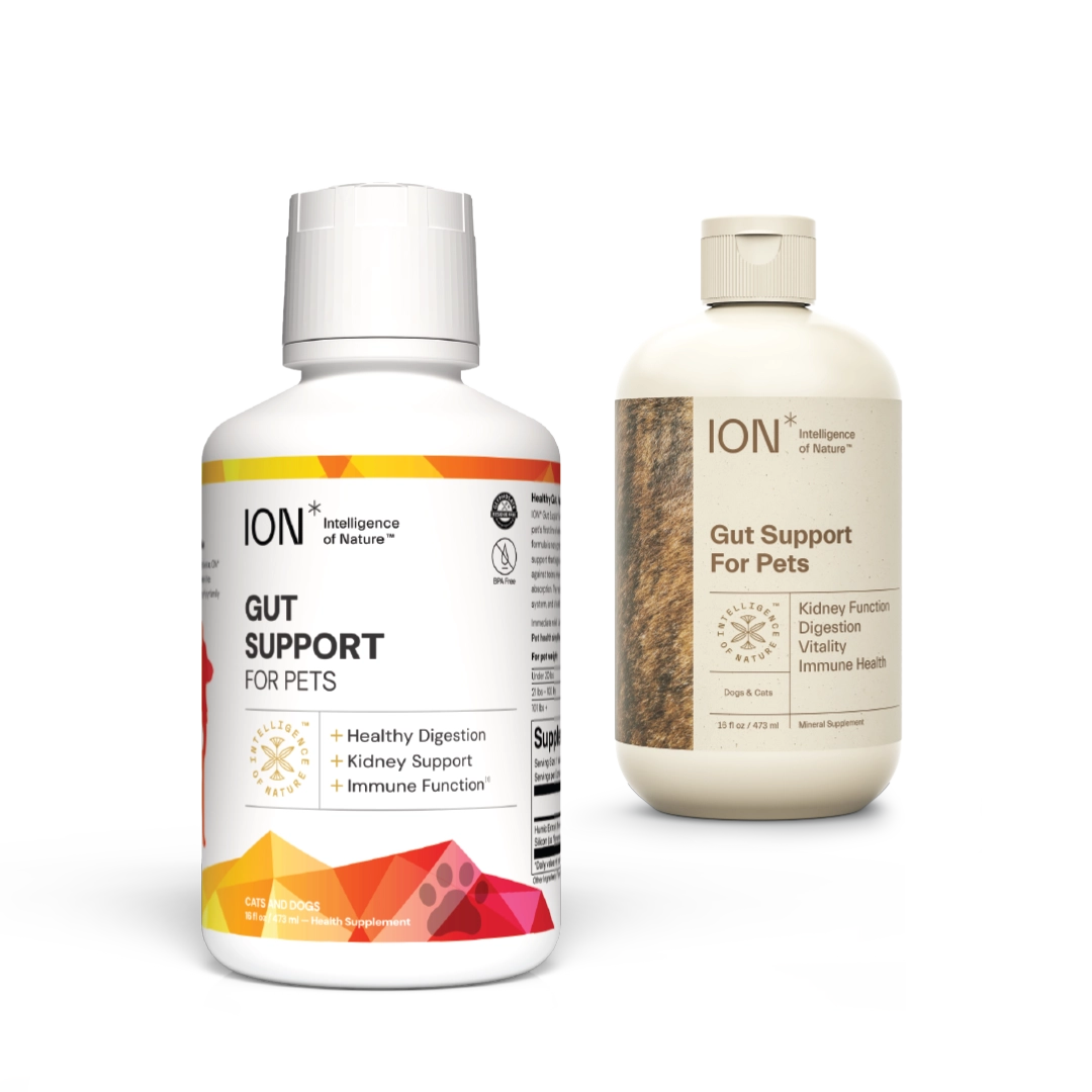 ION Gut Support For Pets bottle with new label + bottle with old label in background
