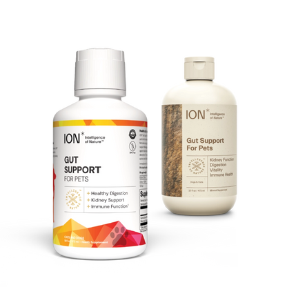 ION Gut Support For Pets bottle with new label + bottle with old label in background
